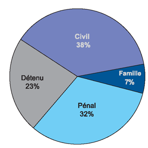 38 % en droit civil, de 7 % en droit de la famille, de 32 % en droit pénal et de 23 % pour les détenus