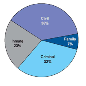 38% civil, 7% family, 32% criminal, and 23% inmate