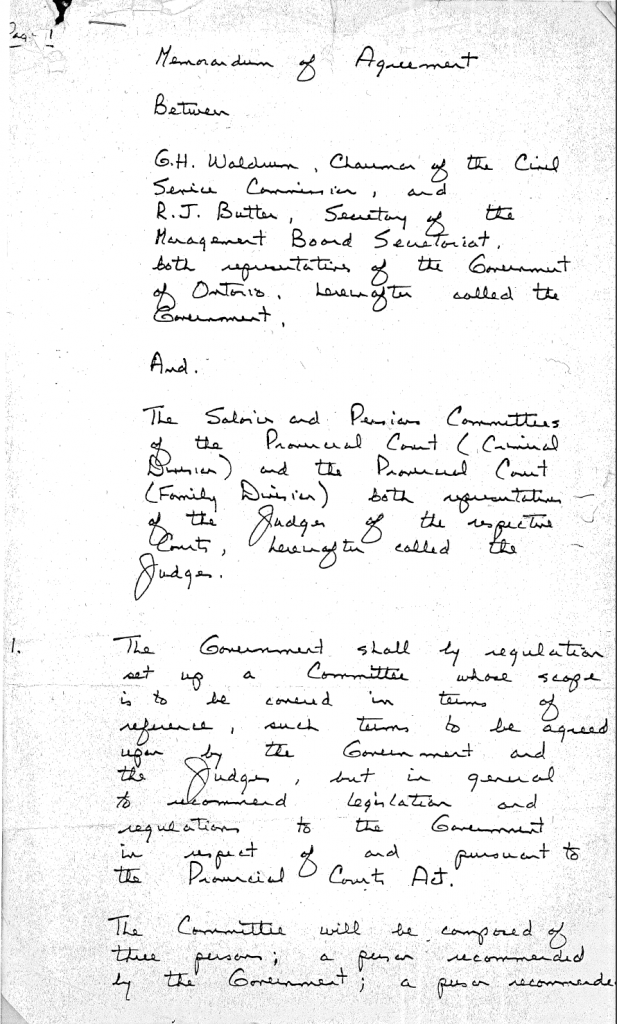The introductory page of the handwritten Memorandum of Agreement, signed on December 13, 1979, served to create the Ontario Provincial Courts Committee. 