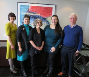 Members of the Ontario Court of Justice History Project team: Adriel Weaver, Susan Lightstone, Karen Cohl, Angela Stamatakis, George Thomson, March 2015. (Courtesy: Office of the Chief Justice, Ontario Court of Justice)