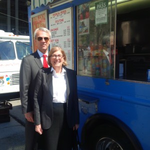 A well-known devotee of hot dogs and Pepsi, Lennox is shown here frequenting his favourite food truck (parked in front of Toronto’s New City Hall), together with former Chief Justice Annemarie Bonkalo. (Courtesy: Office of the Chief Justice, Ontario Court of Justice.)