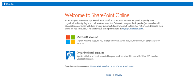 Clicking on Microsoft account on the Welcome to SharePoint Online page allows you to access the DHW platform or create a new account.