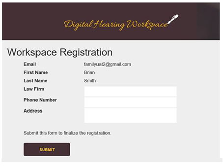 Completing the empty fields (Law Firm, Phone Number and Address) on the Workspace Registration page allows you to finish the registration process.