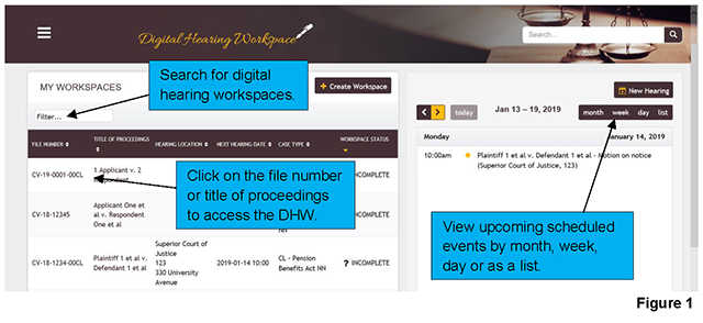 The homepage of the DHW displays the workspaces that have been assigned to you on the left-hand side and a calendar displaying upcoming scheduled events on the right-hand side.