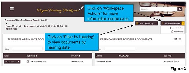 The case landing page for the workspace of a case provides an overview of case information details, documents shared by both parties and your saved drafts.