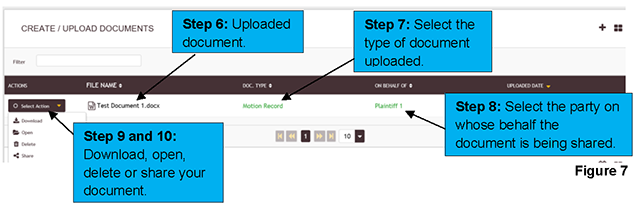 The uploaded document appears in your “CREATE / UPLOAD DOCUMENTS” section. Complete the required information and select “Share” from the Select Action menu on the left-hand side when the document is ready to be shared.