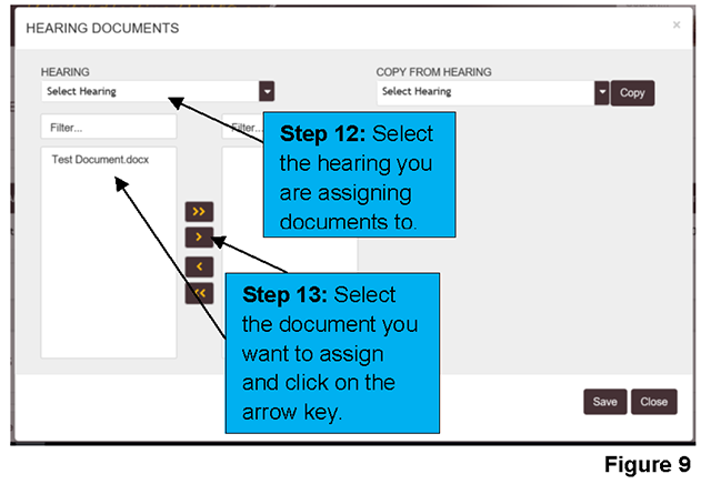 A pop-up window allows you to select the document and hearing date to which you want to assign the document.