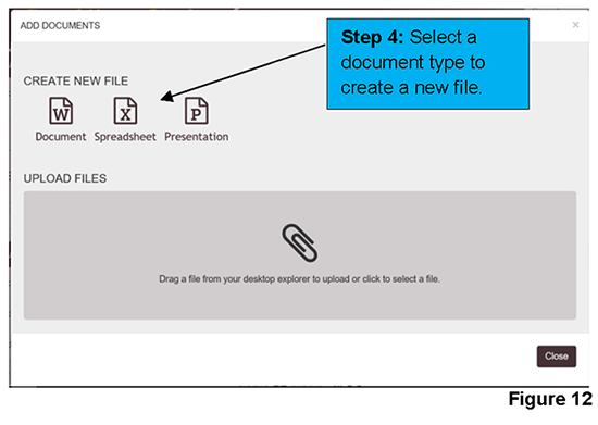 Clicking on the appropriate document type (Document, Spreadsheet or Presentation) under “CREATE NEW FILE” allows you to create a file in the workspace.