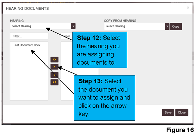 A pop-up window allows you to select the document and hearing date to which you want to assign the document.