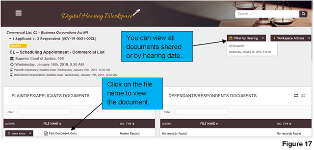 Clicking on “Filter by hearing” on the case landing page allows you to view all documents shared or documents shared for a hearing date.